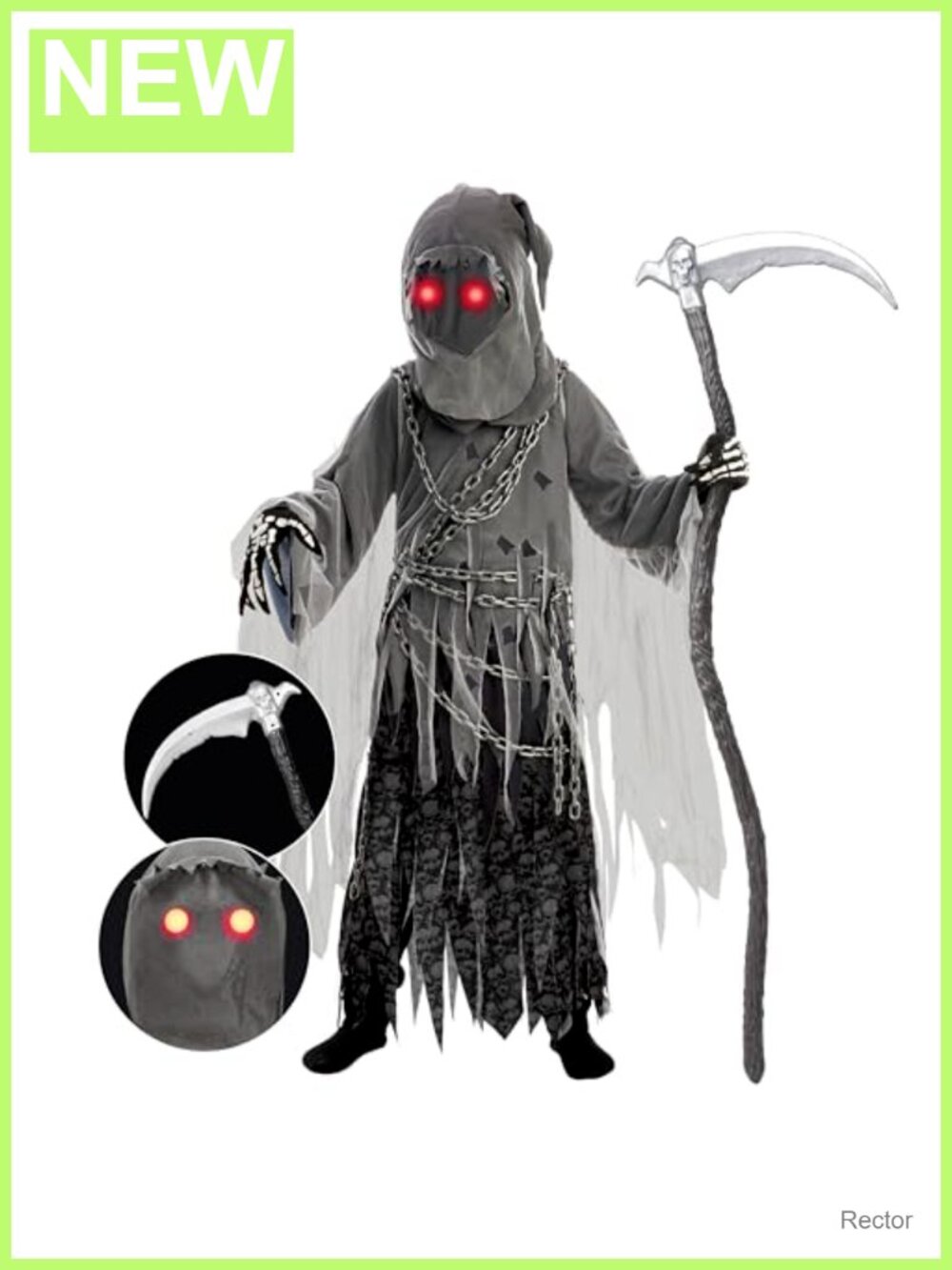 Kids Grim Reaper Costume Glowing Eyes Scythe Halloween